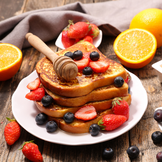 Orange Mango French Toast with Honey Roasted Strawberry Compote