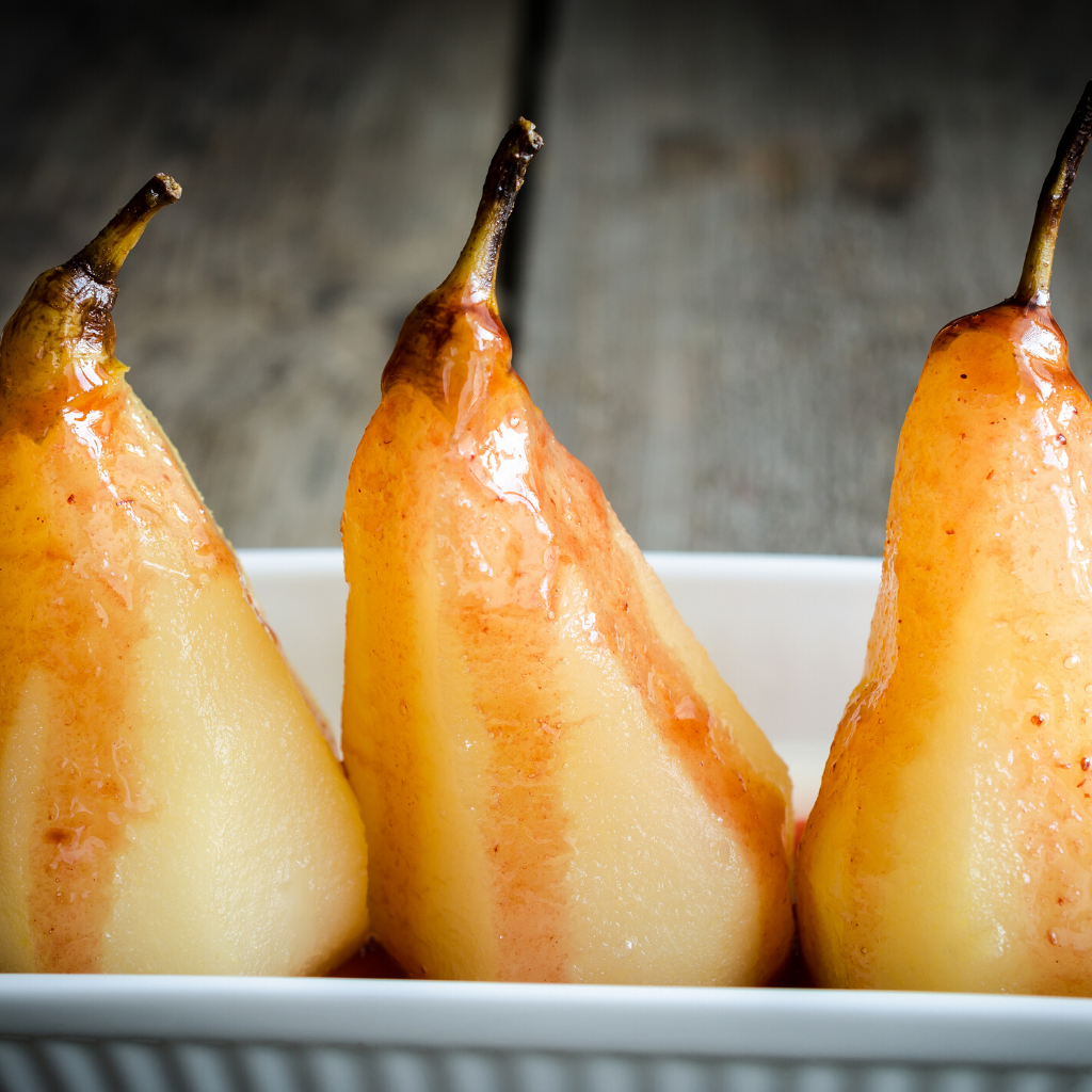 Pears Poached in Pinot Gris with Pohutukawa Honey and Ginger