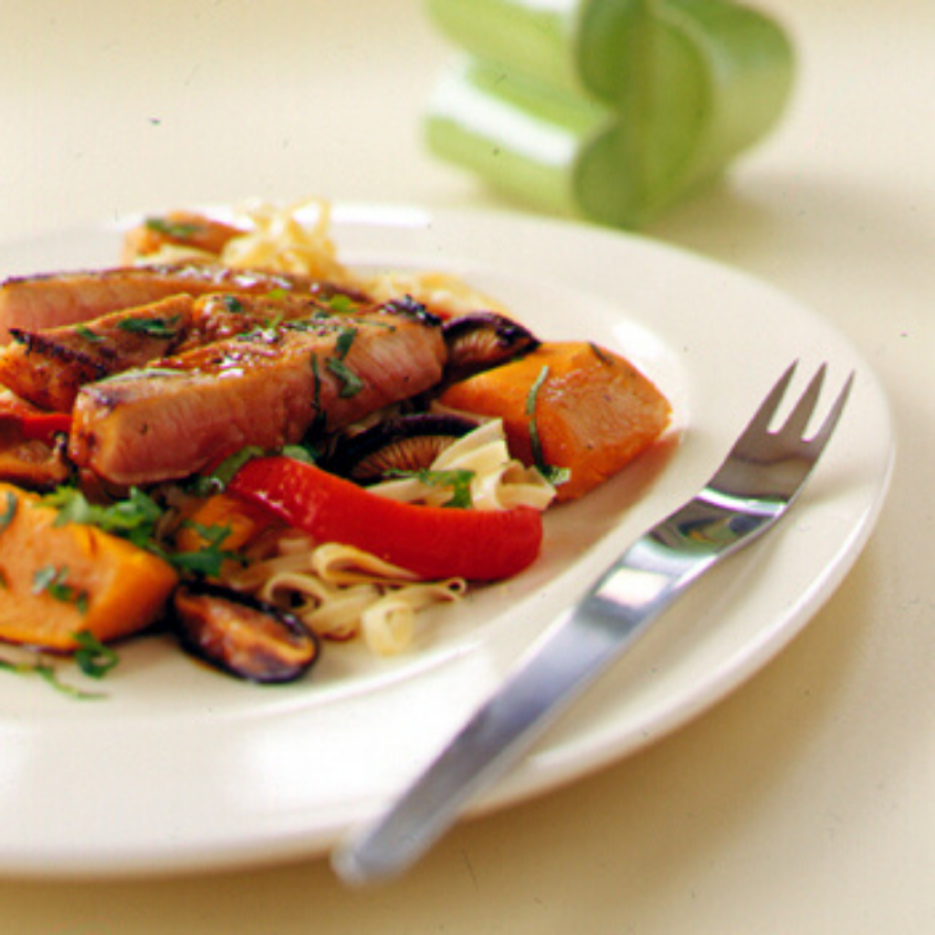 Pork Steaks with Kumara, Shiitakes & Noodles