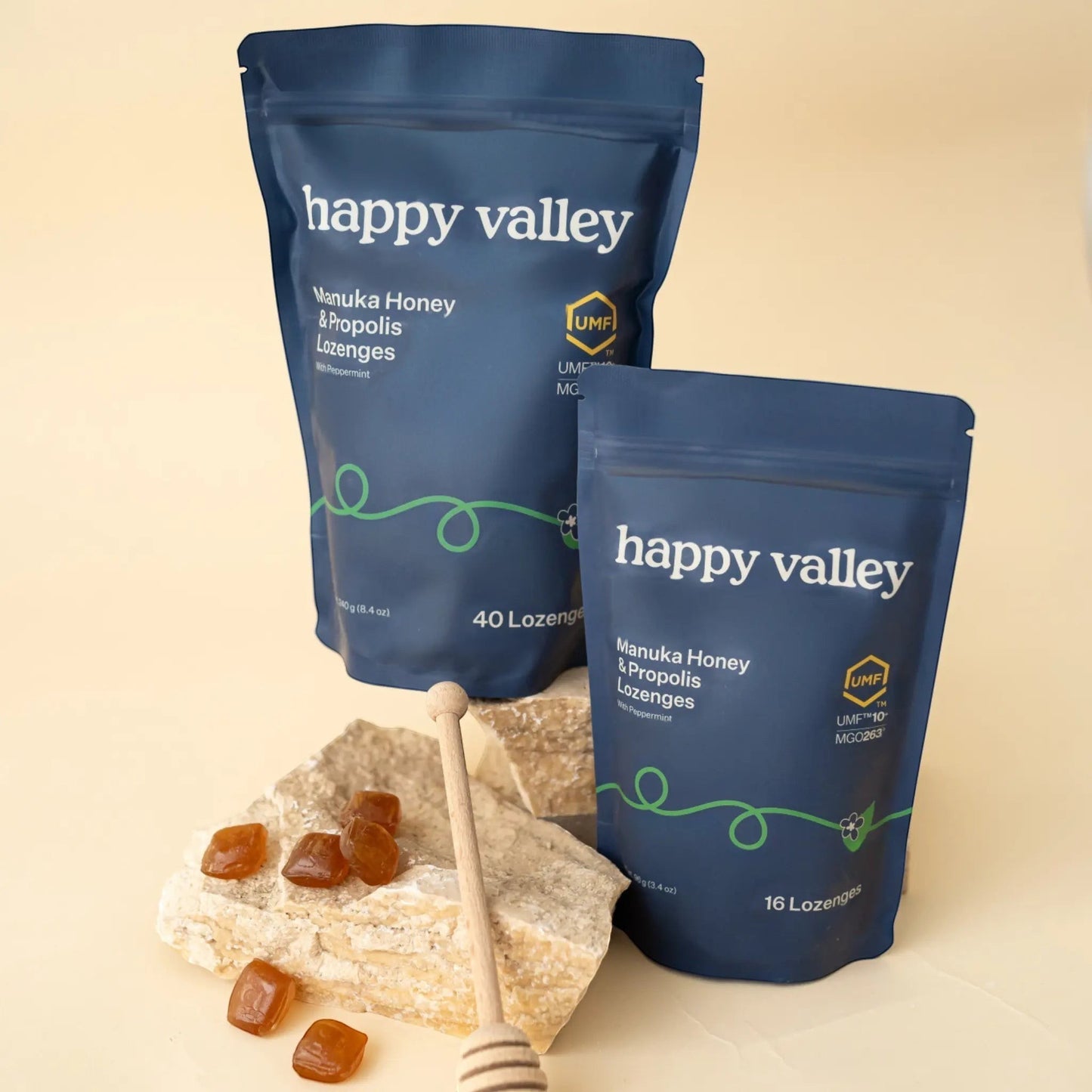 Happy Valley Honey Manuka Honey & Propolis Lozenges with peppermint, UMF 10+ MGO263, 16 and 40 count bags.