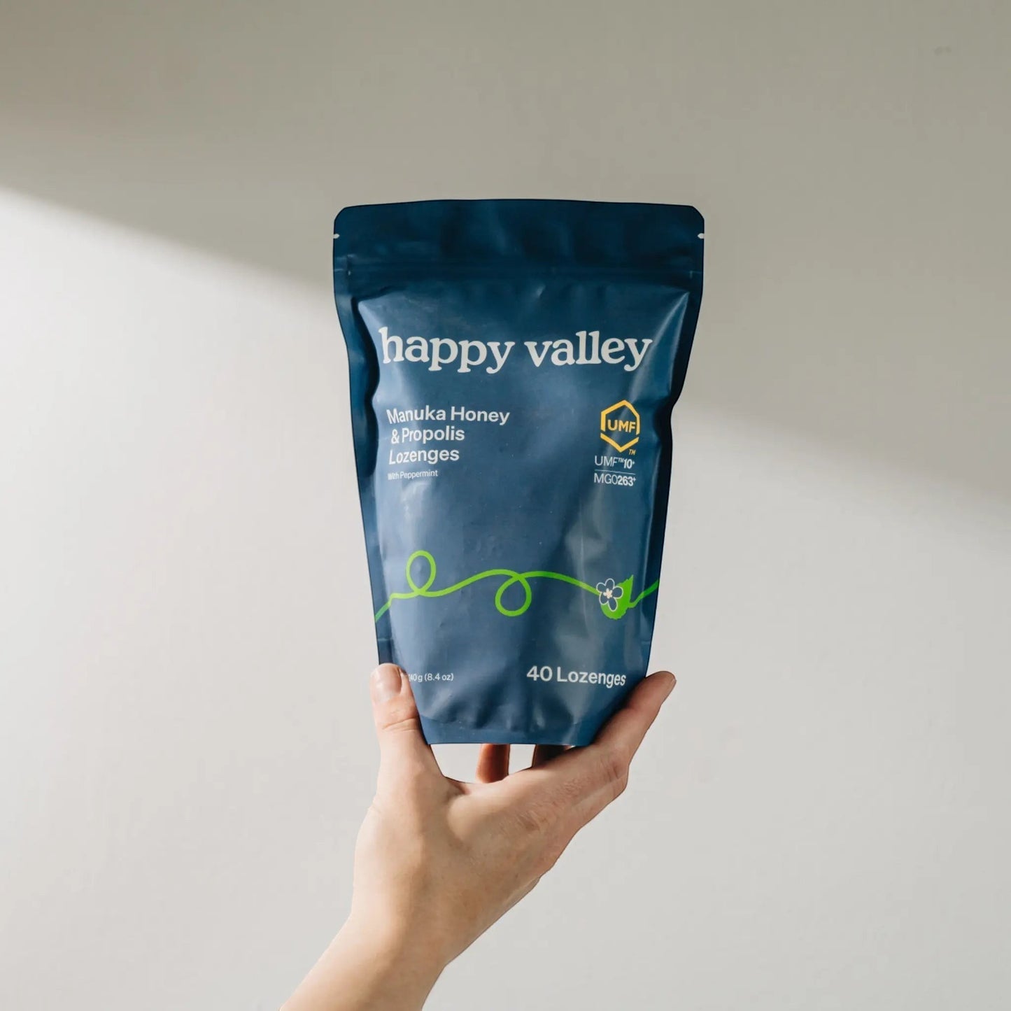 Happy Valley Honey Manuka Honey & Propolis Lozenges with Peppermint, 40 count pouch for throat health and immune support.